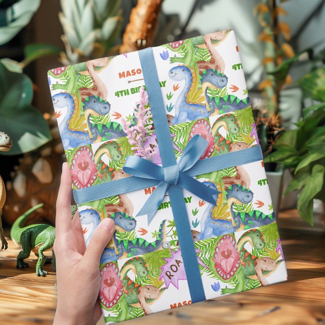 Boy Dinosaur 4th Birthday Invitation Presentpapper (Skapare uppladdad)
