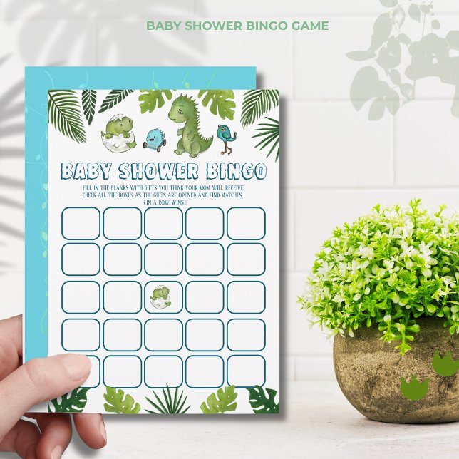 Boy Dinosaur Baby Shower Bingo Game - Gift Open Inbjudningar (Boy Dinosaur Baby Shower Bingo Game - Gift Opening Invitation)
