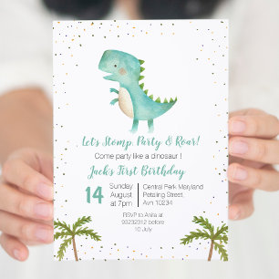 Boy Dinosaur Birthday Guld Mint Blue-inbjudan Inbjudningar