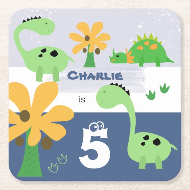 Boy Dinosaur Jurassic Födelsedagsfest Underlägg Papper Kvadrat (Framsidan)
