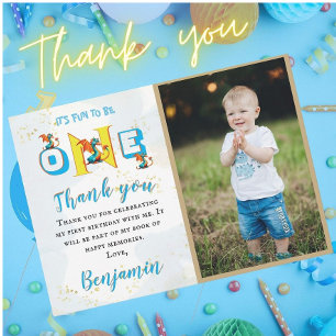 Boy Dinosaur Personlig Photo First Birthday Tack Kort