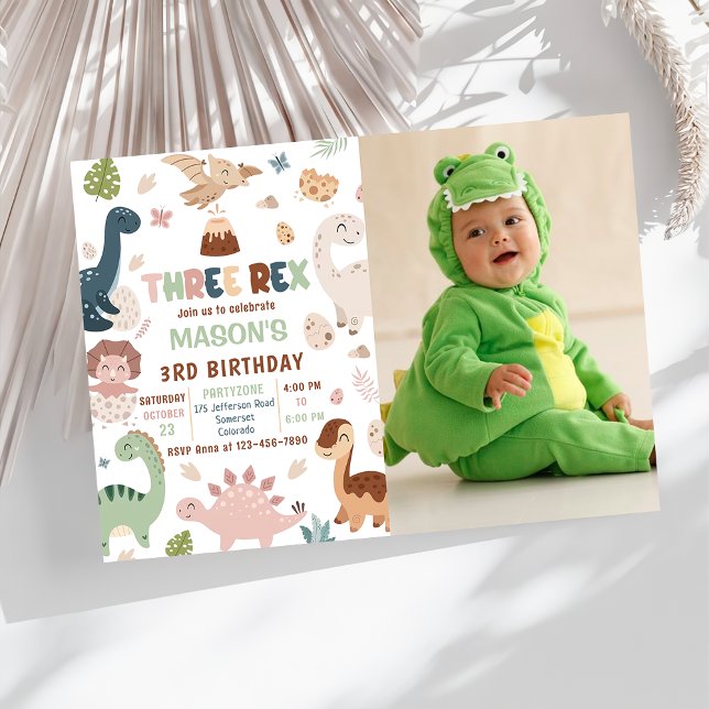 Boy Dinosaur Tre Rex 3:e födelsedagsfoto Inbjudningar (Skapare uppladdad)