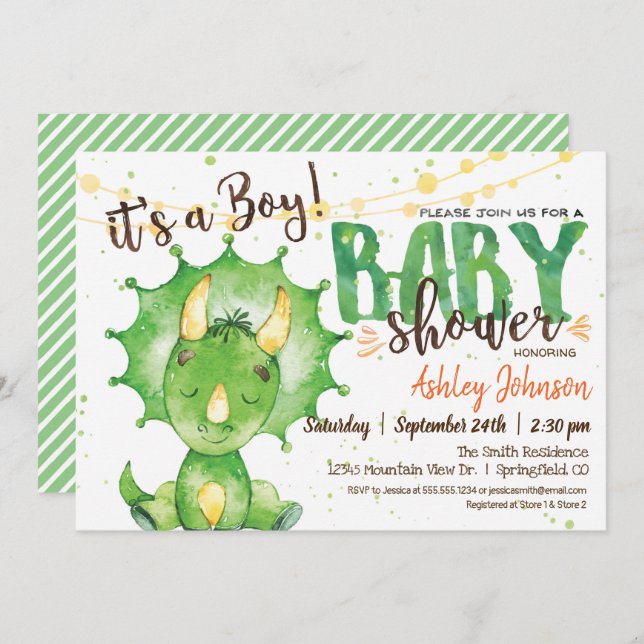 Boy Dinosuar Baby Shower-inbjudan Inbjudningar (Fram/baksida)