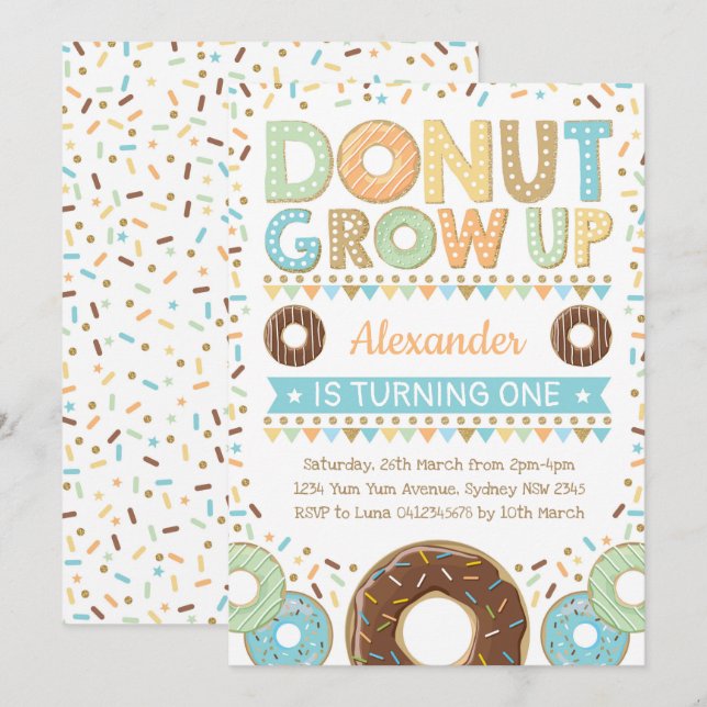 Boy Doughnut-inbjudan Donut Birthday Sprinkles Inbjudningar (Fram/baksida)