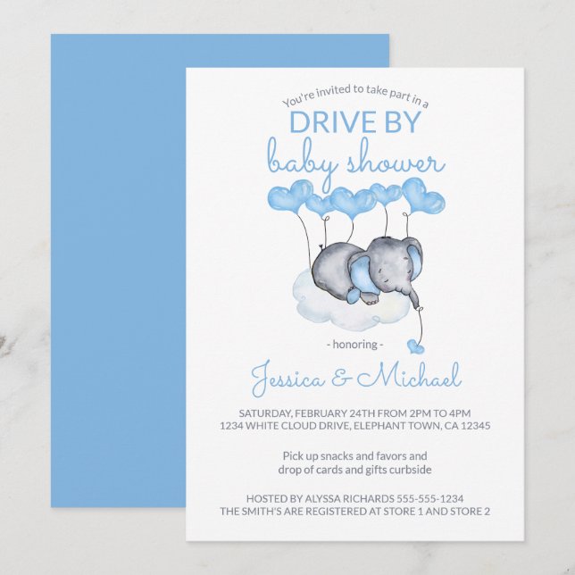 Boy Drive by Baby Shower Blue Elephant on Cloud Inbjudningar (Fram/baksida)
