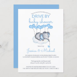 Boy Drive by Baby Shower Blue Elephant on Cloud Inbjudningar