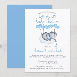 Boy Drive by Baby Shower Blue Elephant on Cloud Inbjudningar