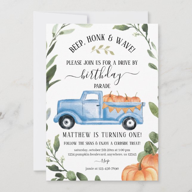 Boy Drive Drive by Pumpkin Birthday-inbjudan Inbjudningar (Framsida)