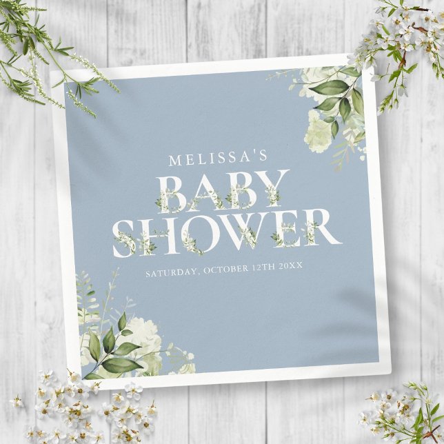 Boy Dusty Blue Greenery Foliage Baby Shower Pappersservett (Boy Dusty Blue Greenery Foliage Baby Shower Napkins)