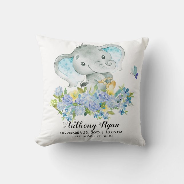 Boy Elephant Baby Birth Stats Pillow Kudde (Framsida)