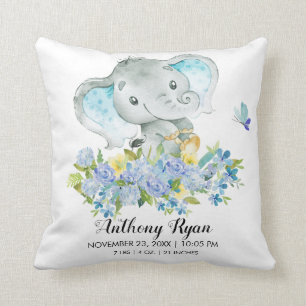 Boy Elephant Baby Birth Stats Pillow Kudde