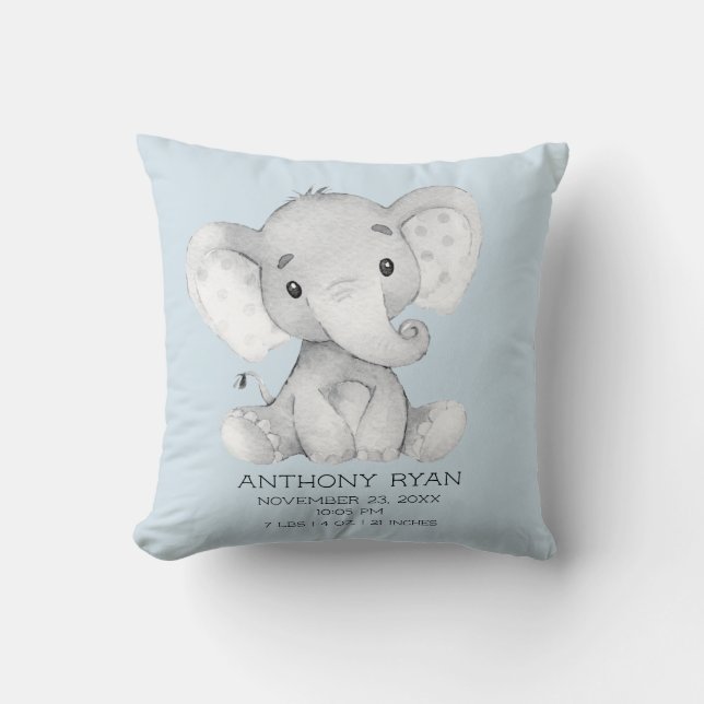 Boy Elephant Baby Birth Stats Pillow Kudde (Framsida)