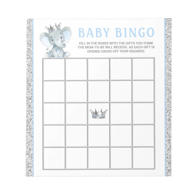 Boy Elephant Baby Shower Bingo Game Cards Anteckningsblock (Framsida)