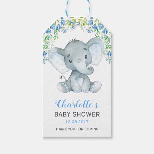 Boy Elephant Baby Shower Blommigt Favor Gift Märkr Presentetikett (Framsidan)
