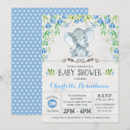 Boy Elephant Baby Shower Blue Blommigt Inbjudningar