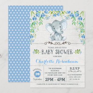 Boy Elephant Baby Shower Blue Blommigt Inbjudningar
