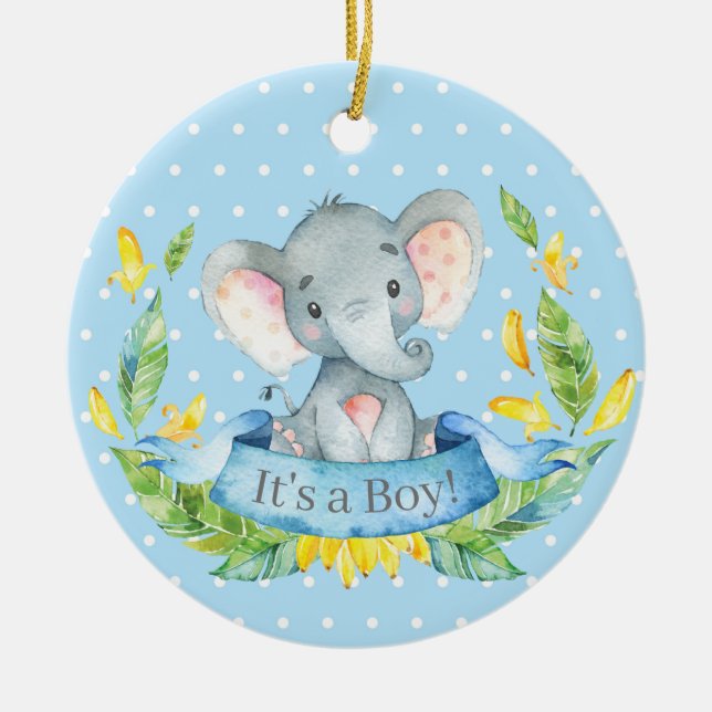 Boy Elephant Baby Shower Blue Julgransprydnad Keramik (Framsidan)