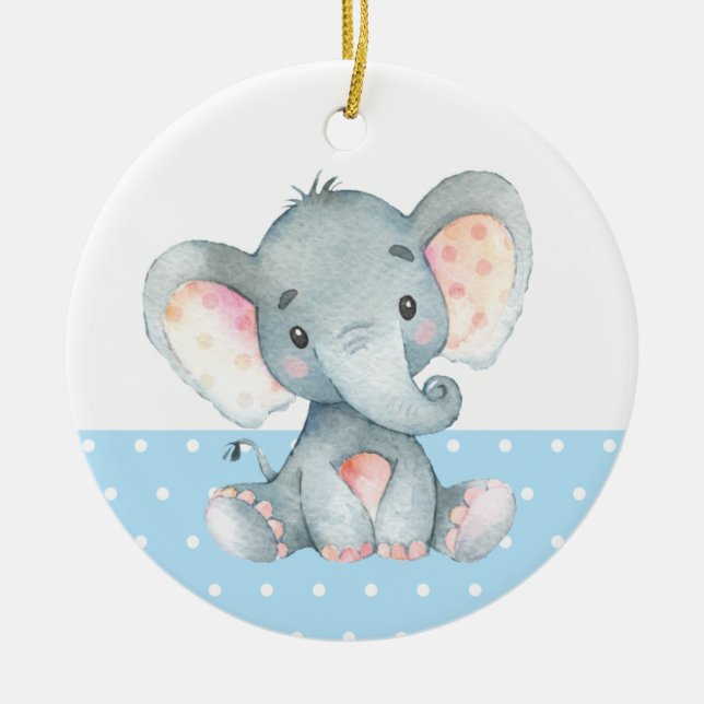 Boy Elephant Baby Shower Blue Julgransprydnad Keramik (Framsidan)