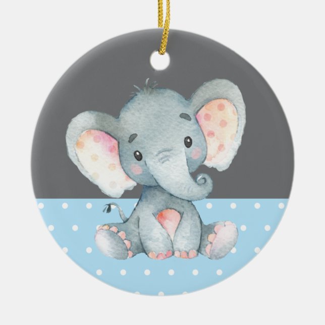 Boy Elephant Baby Shower Blue Julgransprydnad Keramik (Framsidan)
