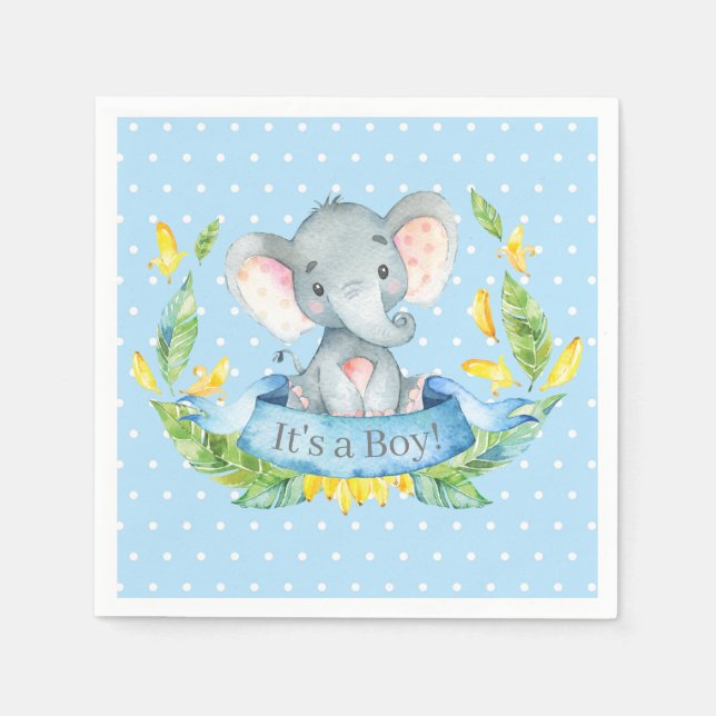 Boy Elephant Baby Shower Blue Napkins Pappersservett (Framsidan)