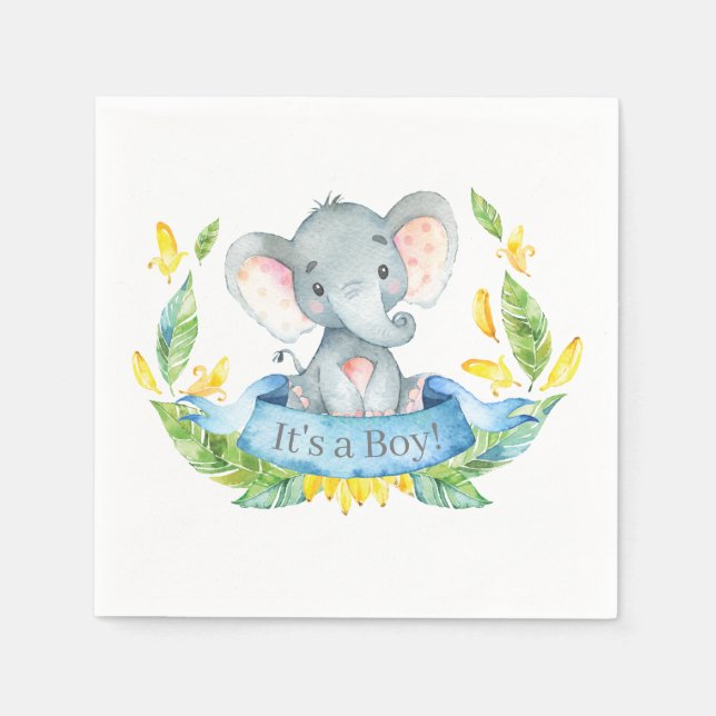 Boy Elephant Baby Shower Blue Napkins Pappersservett (Framsidan)