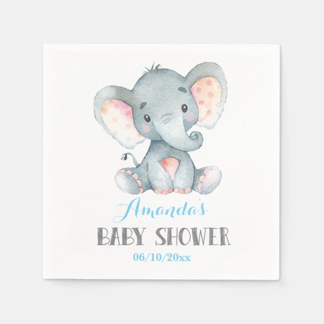 Boy Elephant Baby Shower Blue Napkins Pappersservett (Framsidan)