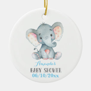 Boy Elephant Baby Shower Blue och Grått Julgransprydnad Keramik