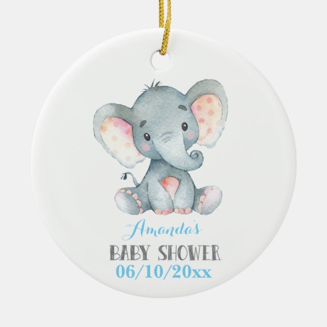 Boy Elephant Baby Shower Blue och Grått Julgransprydnad Keramik (Framsidan)