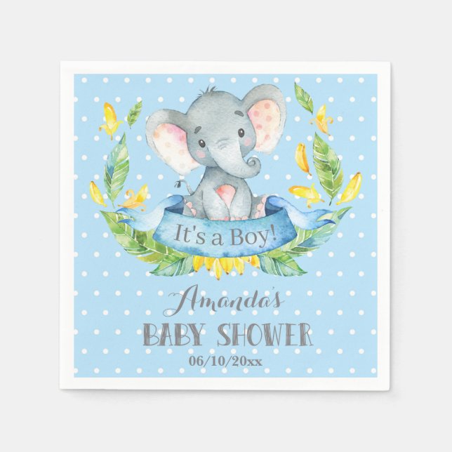 Boy Elephant Baby Shower Blue och Grått Napkins Pappersservett (Framsidan)