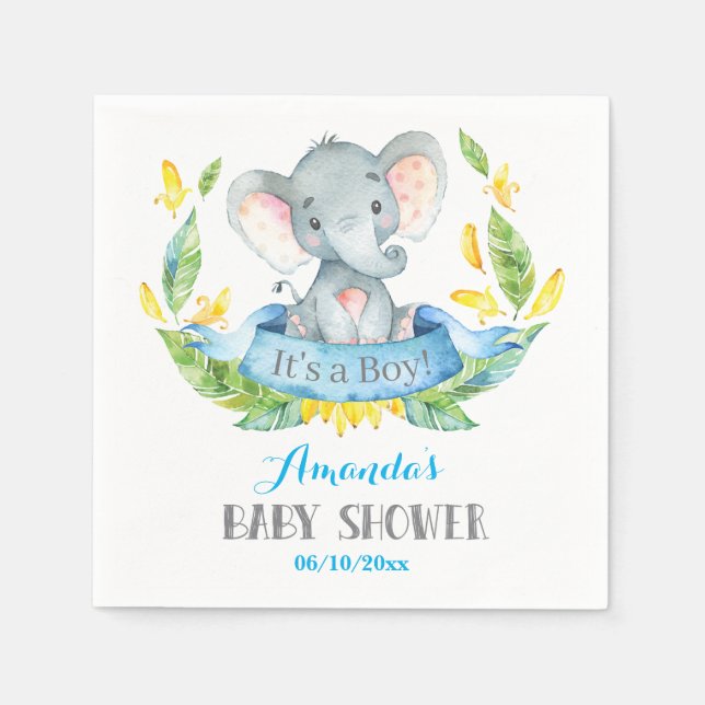 Boy Elephant Baby Shower Blue och Grått Napkins Pappersservett (Framsidan)