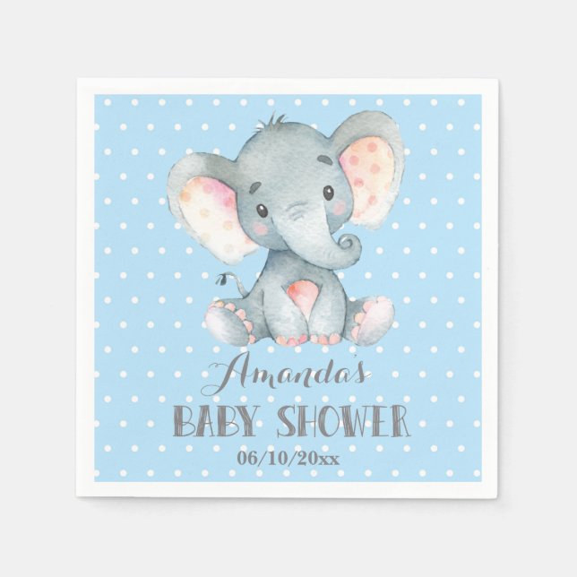 Boy Elephant Baby Shower Blue och Grått Napkins Pappersservett (Framsidan)