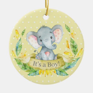 Boy Elephant Baby Shower Gult Julgransprydnad Keramik