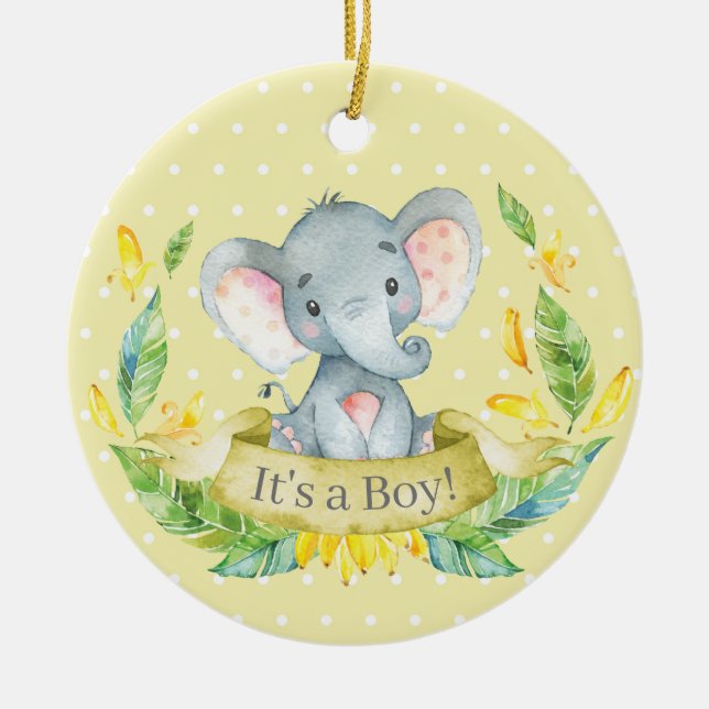 Boy Elephant Baby Shower Gult Julgransprydnad Keramik (Framsidan)