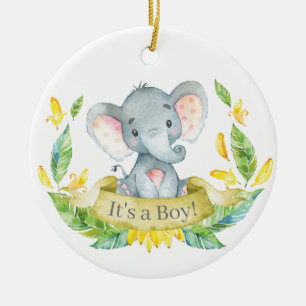 Boy Elephant Baby Shower Gult Julgransprydnad Keramik