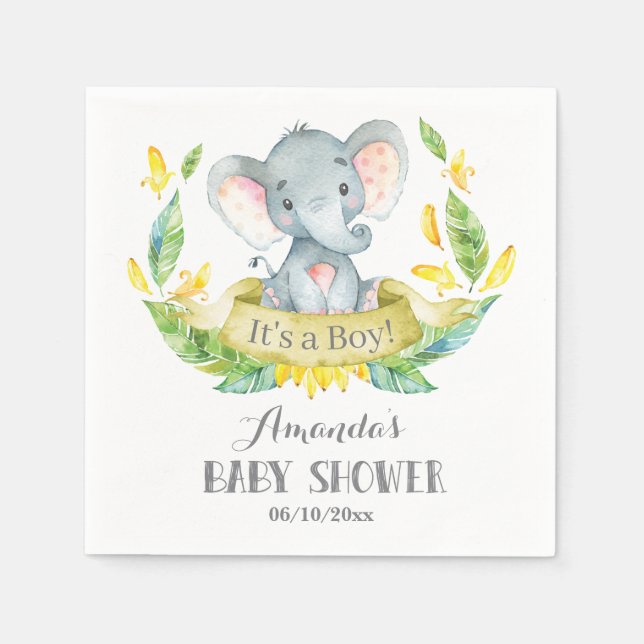 Boy Elephant Baby Shower Gult och Grått Napkins Pappersservett (Framsidan)