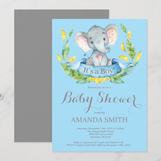 Boy Elephant Baby Shower-inbjudan Blue och Grått Inbjudningar (Fram/baksida)
