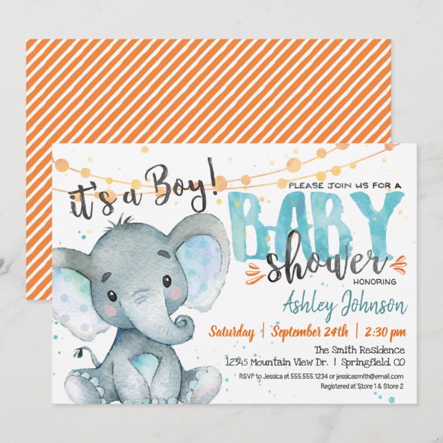 Boy Elephant Baby Shower-inbjudan Blue & Orange Inbjudningar (Fram/baksida)