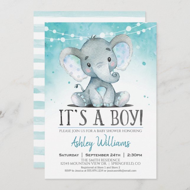 Boy Elephant Baby Shower-inbjudan Inbjudningar (Fram/baksida)