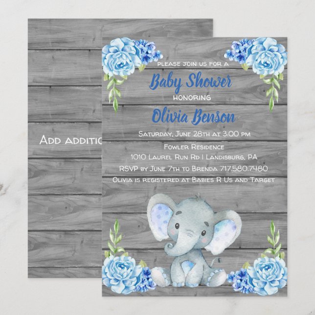 Boy Elephant Baby Shower-inbjudan Inbjudningar (Fram/baksida)