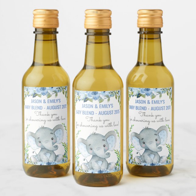 Boy Elephant Baby Shower Mini Vin Flaska-etiketter Vinetikett (Flaskor)