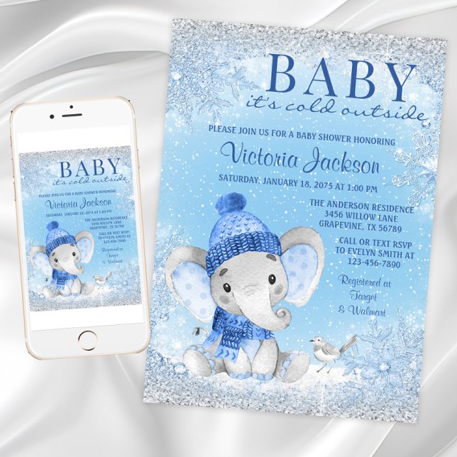 Boy Elephant Baby sitt Kall utanför babyduschen Inbjudningar (Boy winter wonderland baby shower invitation with cute winter elephant on a snowflake background.)