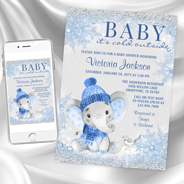 Boy Elephant Baby sitt Kall utanför babyduschen Inbjudningar (Baby its cold outside baby shower invitations. Instant download and printed invitations available.)