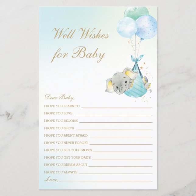 Boy Elephant Balloons well Önskemål for Baby Showe (Framsida)