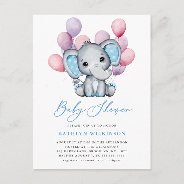 Boy Elephant Blue Balloon Script Cute Baby Shower Inbjudan Vykort (Framsida)