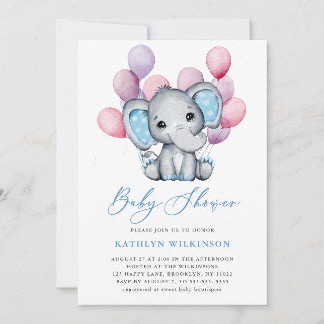 Boy Elephant Blue Balloon Script Cute Baby Shower Inbjudningar (Framsida)
