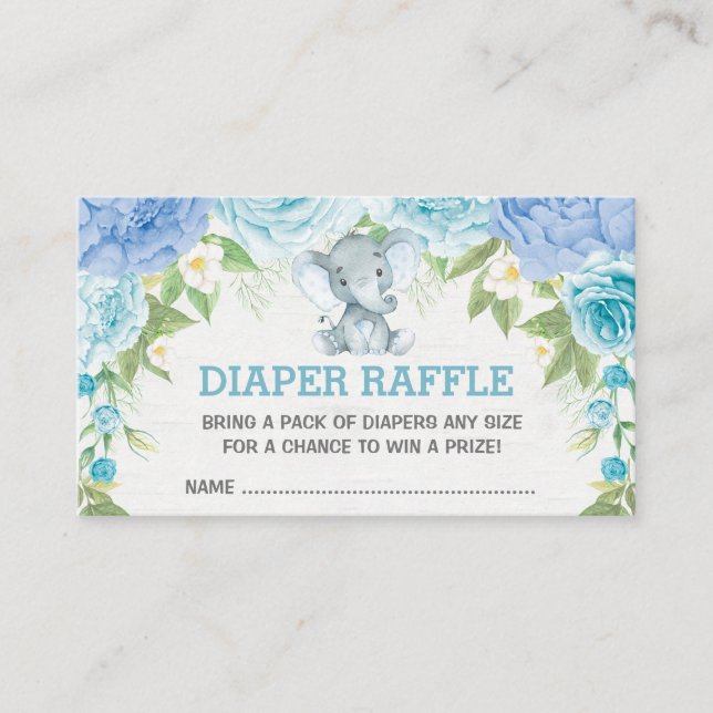 Boy Elephant Blue Blommigt Baby Diaper Raffle Tilläggskort (Framsida)
