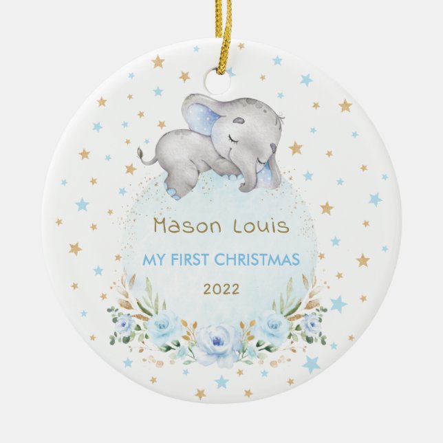 Boy Elephant Blue Guld Stars Baby 1:a jul Julgransprydnad Keramik (Framsidan)
