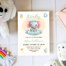 Boy Elephant Blue Watercolor Baby Shower Inbjudningar