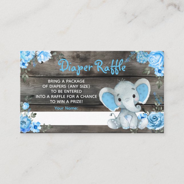 Boy Elephant Diaper Raffle Baby Shower Game Card Placeringskort (Framsida)