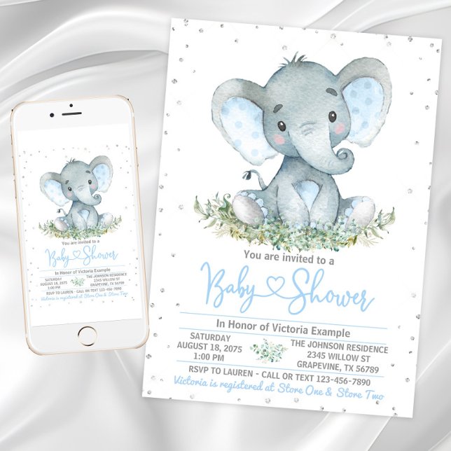 Boy Elephant Glitter Baby Shower-inbjudan Inbjudningar (Boy elephant baby shower invitation with cute baby elephant on a silver glitter background. )